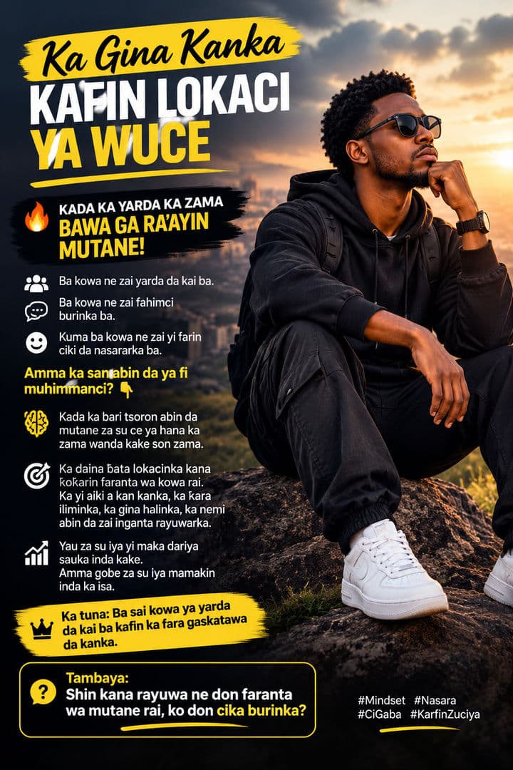 🔥 KADA KA YARDA KA ZAMA BAWA GA RA’AYIN MUTANE!

Ba kowa ne zai yarda da kai ba.
Ba kowa ne zai fahimci burinka ba.
Kuma ba kowa ne zai yi farin ciki da nasararka ba.

Amma ka san abin da ya fi muhimmanci? 👇

Kada ka bari tsoron abin da mutane za su ce ya hana ka zama wanda kake son zama.

Ka daina ɓata lokacinka kana ƙoƙarin faranta wa kowa rai. Ka yi aiki a kan kanka, ka ƙara iliminka, ka gina halinka, ka nemi abin da zai inganta rayuwarka.

Yau za su iya yi maka dariya saboda inda kake.
Amma gobe za su iya mamakin inda ka isa.

💯 Ka tuna: Ba sai kowa ya yarda da kai ba kafin ka fara gaskatawa da kanka.

🔥 Tambaya: Shin kana rayuwa ne don faranta wa mutane rai, ko don cika burinka?

#Mindset #Nasara #CiGaba #KarfinZuciya