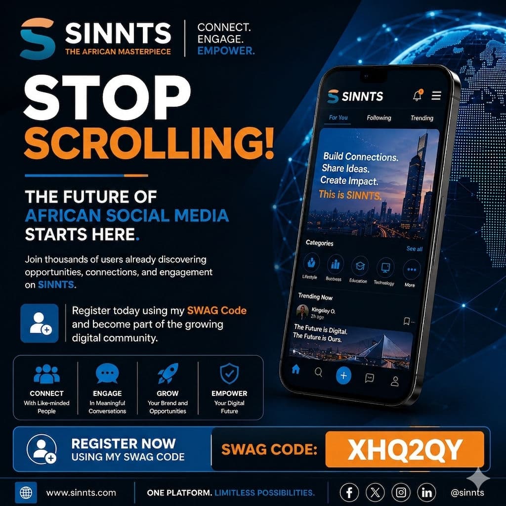 Everyone is looking for the next big digital opportunity, but most people discover it too late.

The future belongs to people who don't just consume content—they participate, connect, and build communities.

That's one of the reasons I'm exploring SINNTS.
Every connection. Every conversation. Every community. Every opportunity.
Starts with participation.
If you're already on SINNTS, what has been your experience so far?

👇 Let's discuss in the comments.
And if you're new here, join SINNTS today using my SWAG Code:
🔥 XHQ2QY 🔥

#SINNTS #TheAfricanMasterpiece #DigitalAfrica #CommunityBuilding #Networking #Innovation #TechAfrica #CreatorEconomy :::