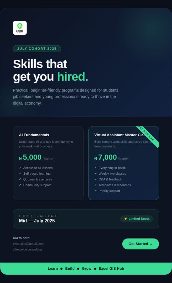 Your tech journey starts in July!
Join Excel GIS Hub and learn AI or become a Virtual Assistant.
DM me NOW to enroll 