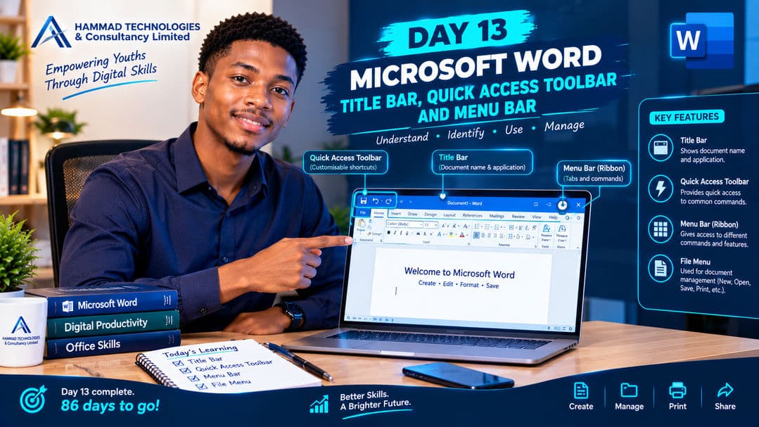💻 Day 13/99 — Microsoft Word Interface

Alhamdulillah! Day 13 of my 99 Days Learning Streak is complete. 📚💻

Today, I learned about some of the major components of the Microsoft Word interface, including:

Title Bar — displays the name of the document and application.

Quick Access Toolbar — provides quick access to commonly used commands.

Menu Bar — provides access to different Word commands and features.

File Menu — used for basic document management such as creating, opening, saving, printing, and managing documents.


Today’s lesson has helped me better understand how to navigate Microsoft Word and manage documents more efficiently.

Day 13 complete — 86 days to go! 🚀🔥

Learn. Practice. Improve. Grow.
