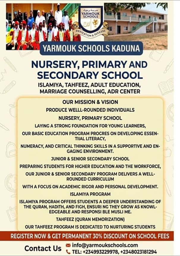 Come join our Family, Admissions and registration ongoing for SS2, SS1, JSS, PRIMARY, NURSERY, ISLAMIYA

 #education  #kaduna  #bestschools #islamiya 