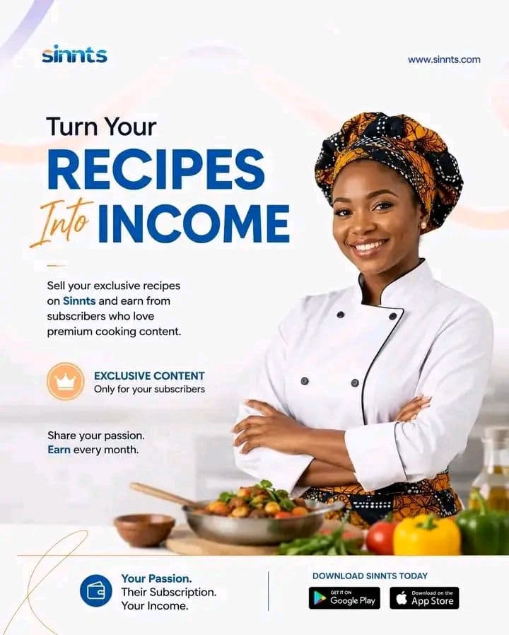 Share your passion and turn every recipe into a steady source of income with Sinnts Exclusive Content. Offer premium recipes to loyal subscribers, grow your audience, and earn every month while doing what you love. Download Sinnts today and start creating. #SiNNTS