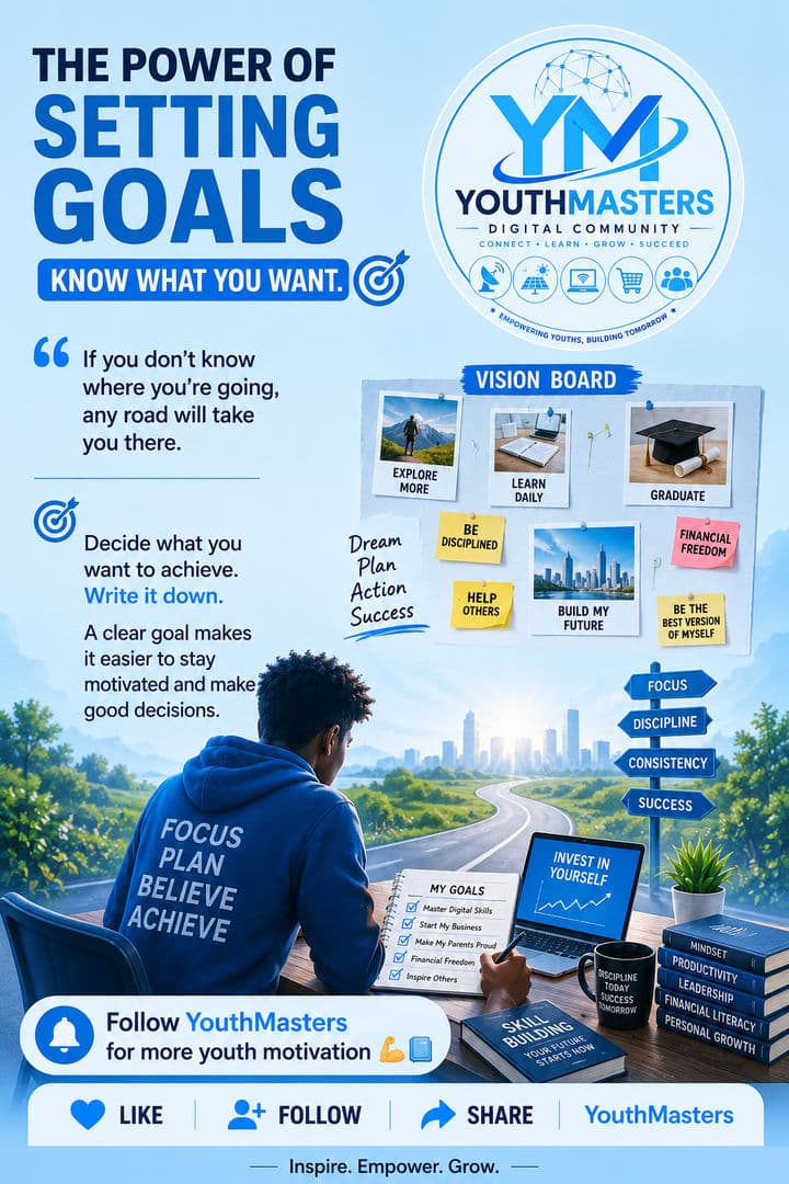 Part 72 | If you don’t know where you’re going, any road will take you there. 🧭
Write it down. Make it clear. Make it yours.
What’s ONE goal you’re chasing right now? 👇
#GoalSetting #KnowWhatYouWant #YouthMasters #MotivationDaily #FocusAndAchieve #MindsetMatters #GoalCrusher #SelfImprovement #PlanYourSuccess #BelieveAndAchieve #MorningMotivation #GrowthMindset #InspireEmpowerGrow