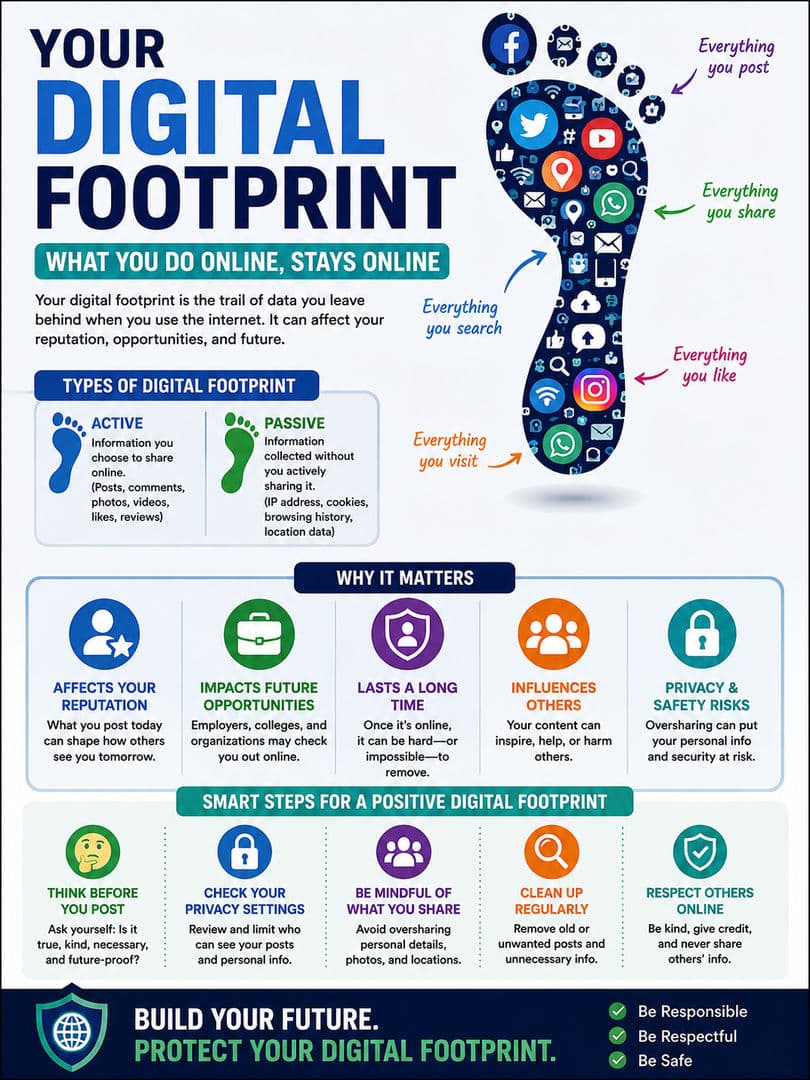 🌐 Your digital footprint never truly disappears.
Think before you post, click, or share. Protect your future online. 🔐👣

#DigitalFootprint #CyberSafety #ThinkBeforeYouPost #OnlineSafety