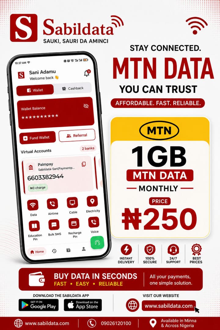 Enjoy MTN 1GB @ #250 Only duration monthly.

Visit www.sabildata.com or download our app from Playstore via https://play.google.com/store/apps/details?id=com.sabildata.app