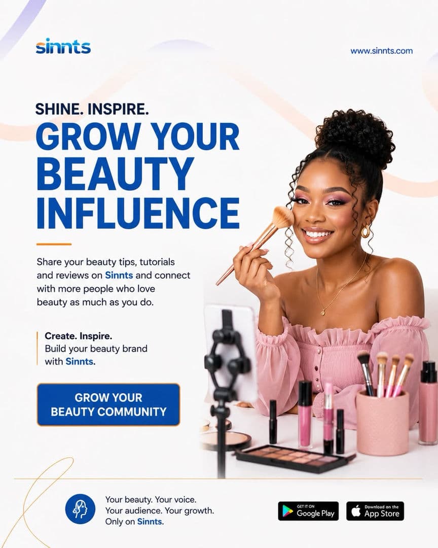 Grow your beauty brand with Sinnts and connect with an audience that loves your creativity. Share makeup tutorials, skincare tips, and beauty reviews, expand your influence, and build a loyal community that keeps coming back for more. Download Sinnts today.