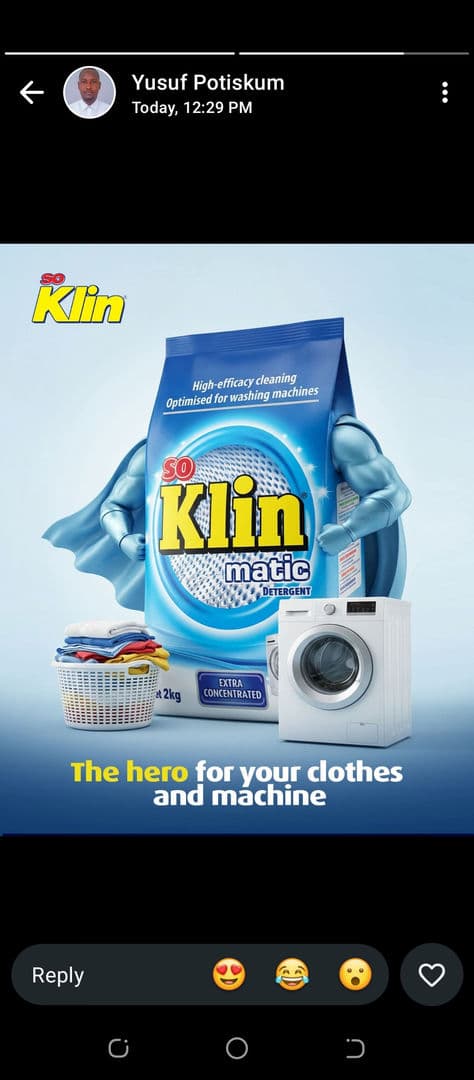 So Klin Matic is a laundry detergent specially formulated for washing clothes with washing machines. It helps remove dirt, stains, and unpleasant odours while leaving clothes clean and fresh.
Patronize and thank me later.