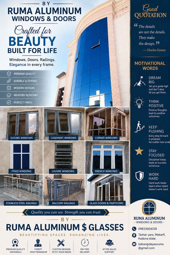 Durable Aluminum Windows & Doors*
Sleek designs for modern vibes
Weather-resistant & low maintenance
Perfect fit for homes & office